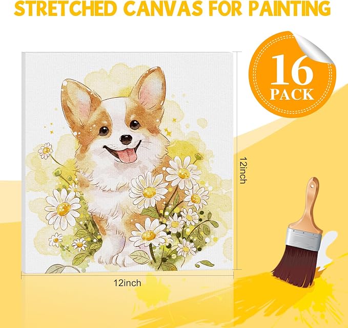 ESRICH Stretched Canvas for Painting 12x12 Inch, 16 Pack Painting Square Canvas Bulk-5/8 in Profile Primed Cotton White Blank Canvases for Painting for Oil & Acrylic Paint
