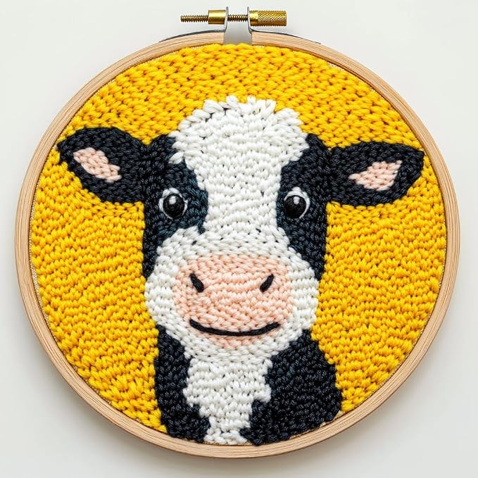 DIY Punch Needle Kits Cartoon Cute Dairy Cow with Hoop 20x20cm-2 | with Pattern Stamped Easy for Beginners Embroidery Punch Needle Starter Craft Set for Adults Festival Gift and Decoration