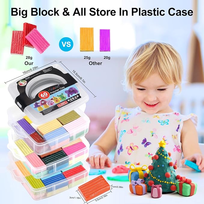 CiaraQ 60-Color Polymer Clay Oven Bake Modeling Kit | 12 sculpting tools, 3-layer storage box, acc. pack, guide. Great for school, home, gifts, kids & artists.