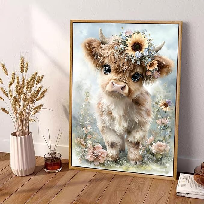 Highland Cow Diamond Art Kits for Adults,Retro Flowers Diamond Painting