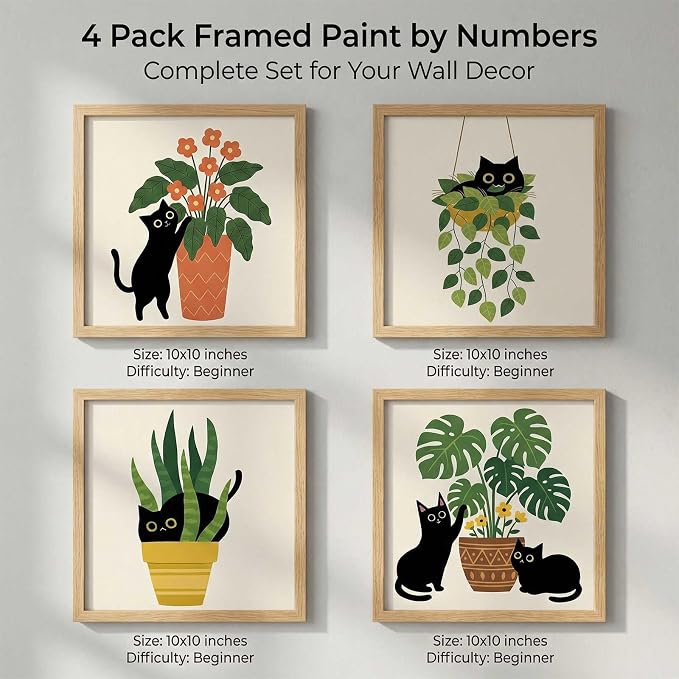Amphol Framed Paint by Numbers Kit for Adults - 10x10 Inch Easy 4 Pack Potted Cat Framed Canvas Paint by Number for Beginners, DIY Acrylic Oil Painting Kits with Frame for Home Wall Decor Gift