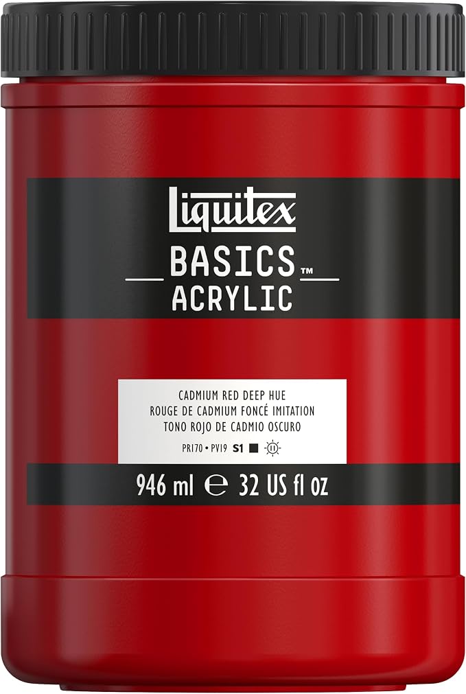 Liquitex BASICS Acrylic Paint, 32-oz Jar, Cadmium Red Deep Hue | Medium Viscosity, Satin Finish, Lightfast, Fine Art Pigments, Range of Opacities, Easy Blending