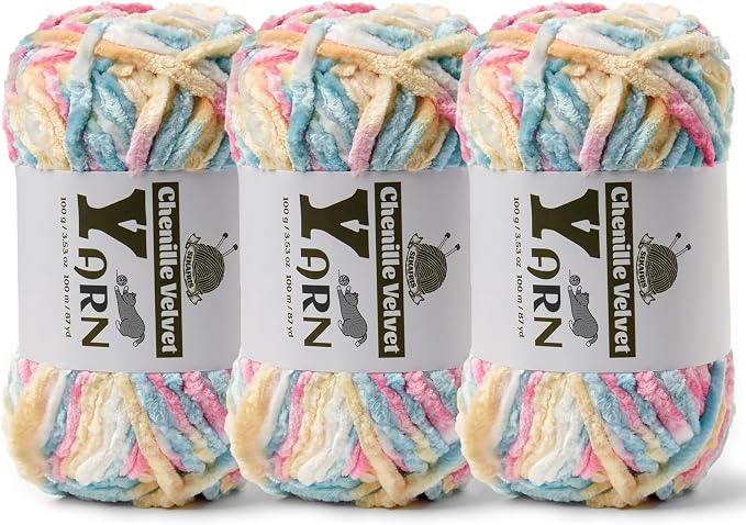 Chenille Crochet Candy Color Yarn 3 Pack