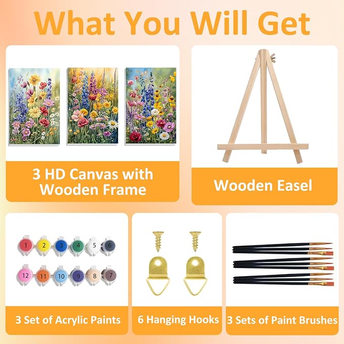 Mandun Wild Flowers Paint by Numbers Kit for Adults, 3 Pack, 7.8x11.8 inch | DIY Painting Kits Crafts for Adults, Relieve Stress, Frame Canvas, Wooden Easel, Gift Box, Home Wall Decor