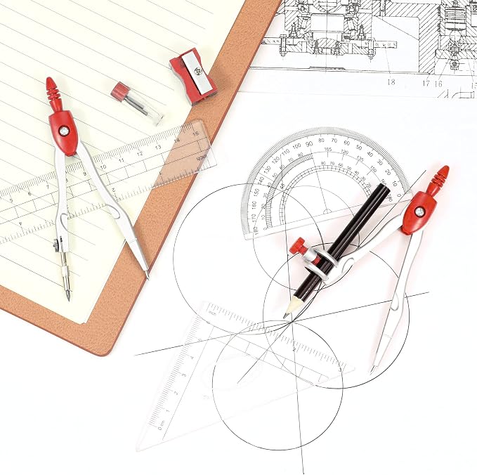Unjoo Math Geometry Set 10 Pcs, Compass and Protractor for Students (Red | Shatterproof Storage Box,Rulers,Protractor,Compass,Eraser,Pencil Sharpener,Lead Refills,Pencil,for Classroom, Back to School