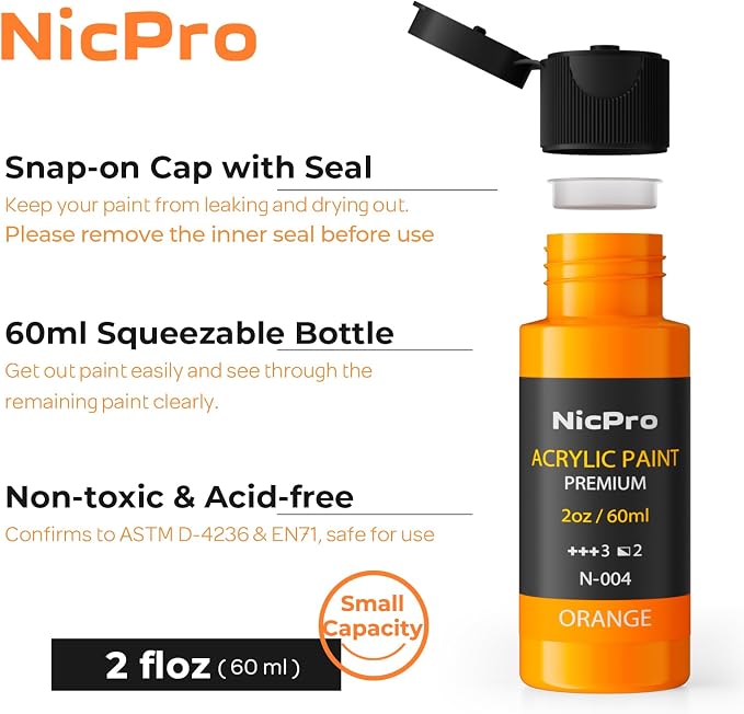 Nicpro Acrylic Paint Set 24 Colors 2oz with 12 Brushes & Palette | Non-Toxic Art Supplies Kit, Rich Pigments for Beginners, Artists, Painting on Fabric, Canvas, Wood, Rock, Ceramic