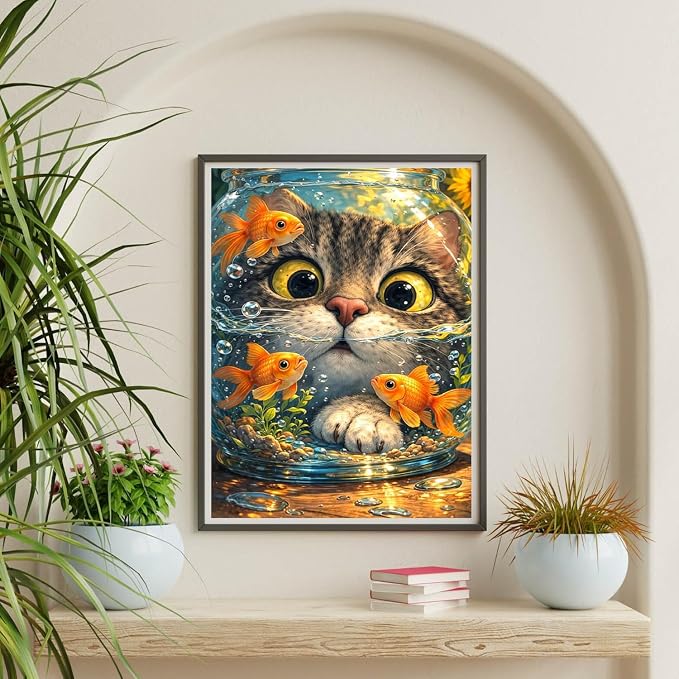 Cat Goldfish Paint by Numbers Kit for Adults Framed Canvas, Frameworkless | Easy Adult Paint by Number Kits on Canvas DIY Cat Goldfish Painting for Beginners Art by Numbers for Home Wall Decor 12X16 in
