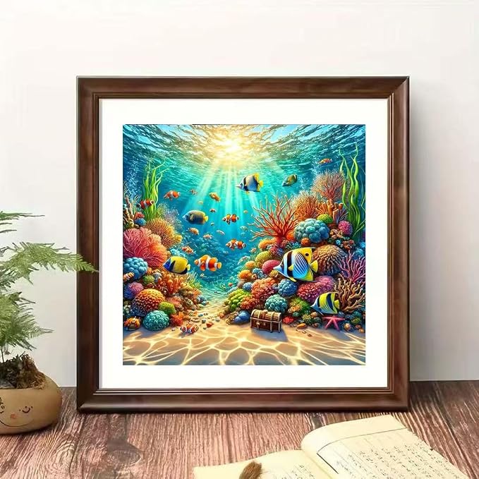 Fish Diamond Art Kits for Adults,5D Sea Coral Reef Landscape Diamond Painting Kits for Adults Beginner,DIY Full Drill Diamond Dot Painting Gem Art Kits for Adult,Home Wall Decor 13.79 X 13.79Inch
