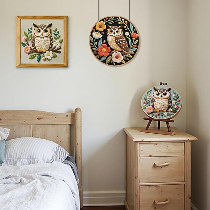 Santune Embroidery Kit for Beginners Needlepoint Cross Stitch Kits Adult Needle Point Sets with Owl Embroidery Patterns, Includes Step-By-Step Instructions and Accessories