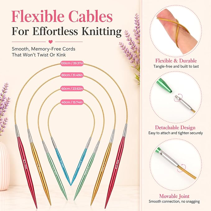 Katech 13 Pairs Interchangeable Circular Knitting Needles (3.0mm~10.0mm) | Knitting Needle Set with Flexible Cables-Perfect for Sweater/Beanie Hat/Blanket/Afghan/Socks-Ideal Gift for Beginners