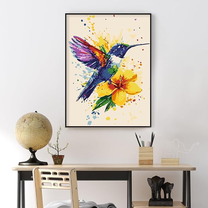 Yezavesu Hummingbird Framed Paint by Numbers Kit for Adults Beginner | With Frame Canvas 12x16 Inch, DIY Acrylic Painting by Numbers Hummingbird, Stress Relief Craft Kits, Home Wall Decor Gift