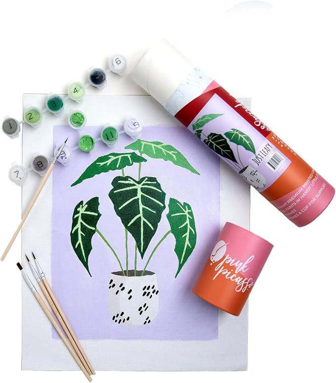 Pink Picasso Paint by Number Kit, All Ages, 8x10, Just Leafy | Mid Century Modern Collection, Acrylic Paints and Brushes included, Pre-printed high quality canvas, DIY art kit, Gift-ready