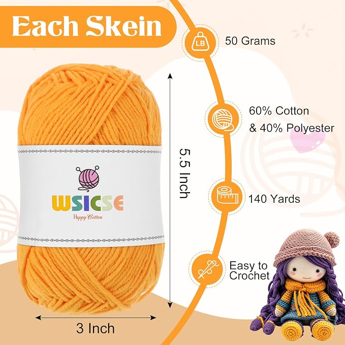 4 Pack Crochet Yarn, 560 Yard Soft Neon Yarn for Hand Knitting Decor Gifts | 60% Cotton, 40% Polyester, 4 x 50G Skeins, for Crochet and Knitting, Soft, Durable, for 3-4 mm Needles, 2-3 mm Crochet Hooks