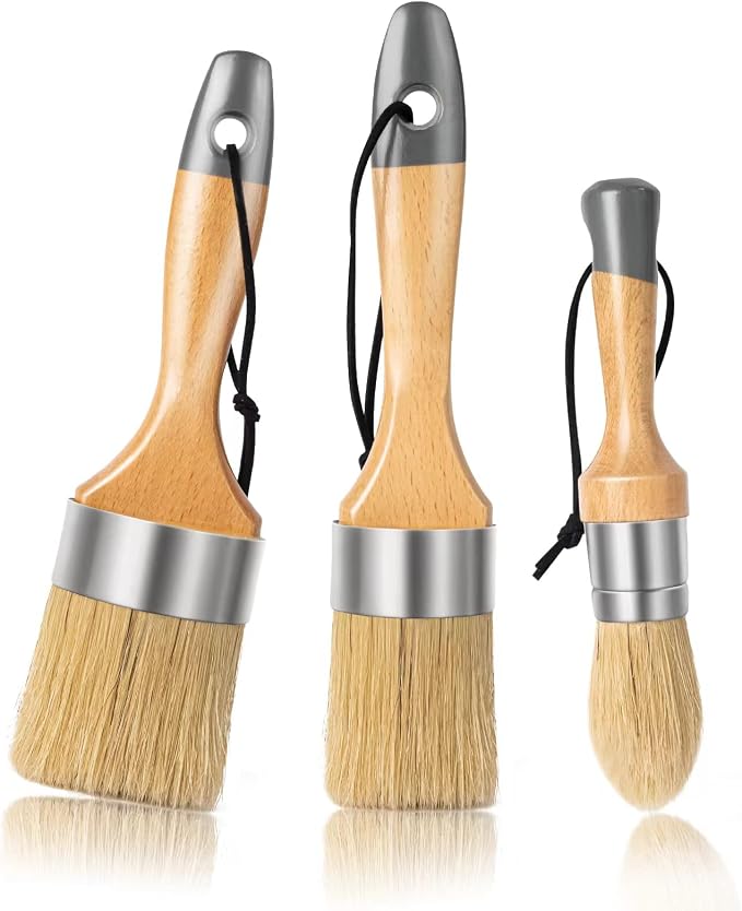 Mister Rui Chalk Wax Paint Brush 3 pcs, Large Wax Brush for Furniture | Stencil Brushes for All in One Paint Acrylic Paint, Cabinets, Natural Bristles, 1 Small Round Brush and 2 Large Oval Brushes
