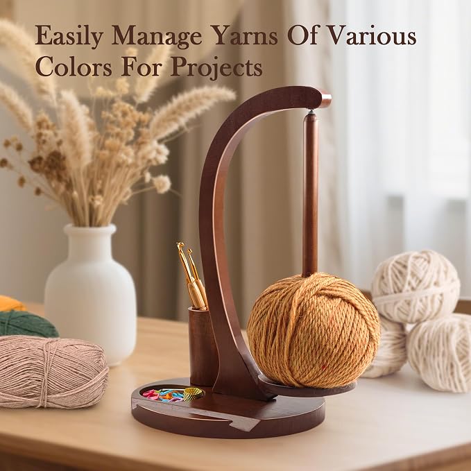 Sewovvmu Crochet Yarn Holder, Yarn Spinner for Crocheting with Phone Stand & Crochet Accessories Storage, Crochet Gift for Knitting Lovers (Brown)