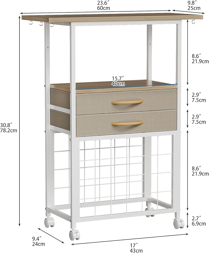 VENNQD Organizer and Storage Stand Compatible with Cricut Machines,Rolling Storage Cart/Shelf with 24 Vinyl Roll Holders，2 Fabric Drawer,Accessories Holder,Tool Hook for Craft Room Home (White Maple)
