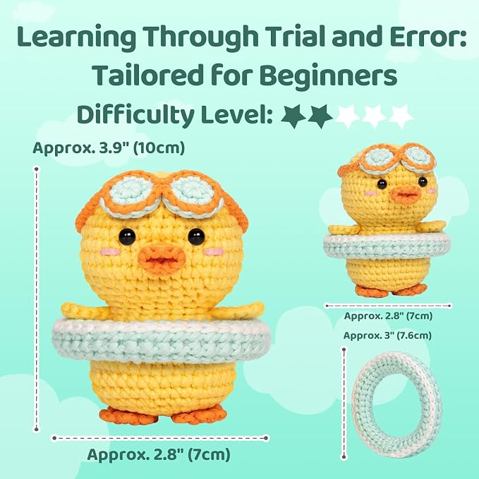 Mewaii Summer Duck Crochet Kit for Beginners, 40% Extra Yarn | Video Tutorial, Pre-Started Piece, Gift Box, Level 1 Starter Kit, Family Craft for Adults, Kids & Beginners