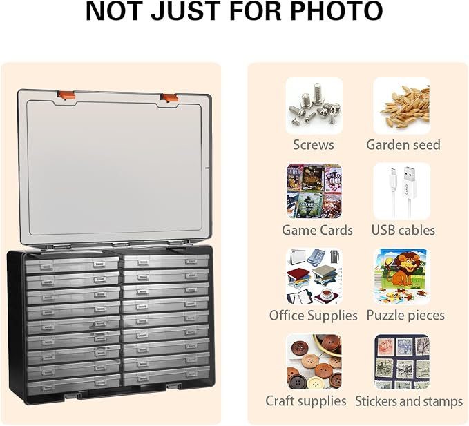 Photo Storage Box 4" x 6", 18 Inner Extra Large Photo Case Large Photo Organizer Acid-Free Photo Box Storage Photo Keeper Photo Storage Case, Plastic Craft Storage Box for Photo Stickers Stamps Seeds (Black, 18 Boxes)