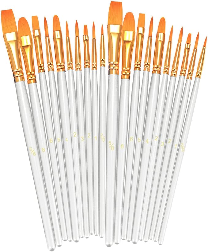BOSOBO Paint Brushes Set, 20 Pcs Small Paint Brush Kit Round Flat Tip Nylon Hair, for Acrylic Painting, Watercolor, Oil Painting, Kids Face Nail Art Canvas Rock Craft, Art Supplies, White