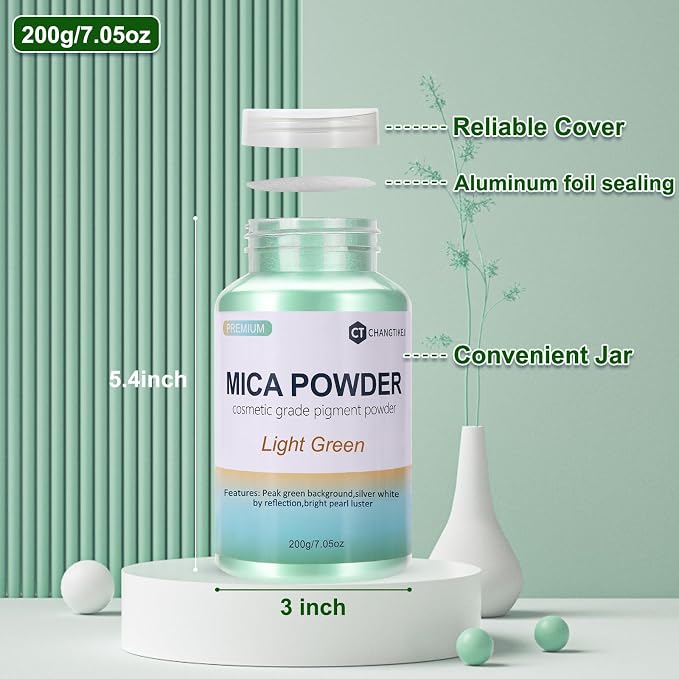 Mica Powder,7.05OZ（200g）,Light Green Mica Powder Pigment for Epoxy Resin，Lip Gloss，Car Paint，Dye，Soap Making，Nail Polish,Epoxy Resin,Candle Making,Bath Bombs