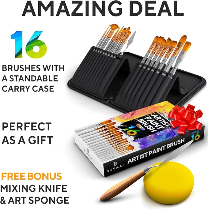 Acrylic Paint Brush Set of 16, Artist Paint Brushes for Acrylic Painting | Organizing Case, Spatula Palette Knife and Sponge Included, Ready for Watercolor and Oil, for Adults and for Beginners