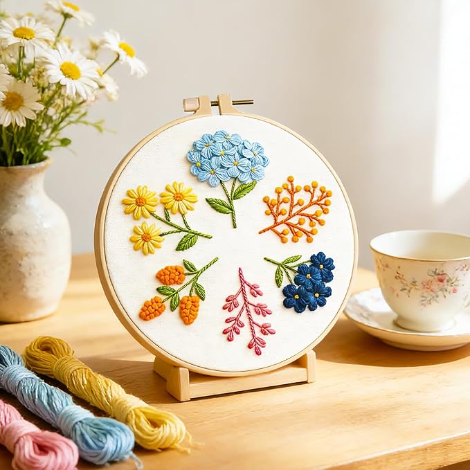 BEUNITONE 6 Pack Beginner Embroidery Kit for Adults, Simple Floral Plants Pre-Stamped Pattern Starter Needlepoint Kits with Hoops & Instruction, Hand Embroidery Kits for Fabric and Home Decor 7.9x7.9