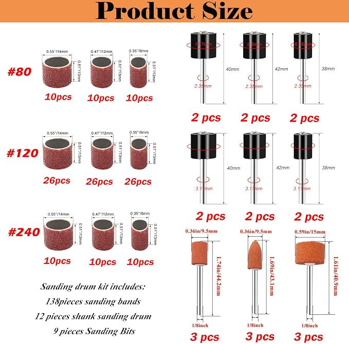 Sanding Drum Set for Most Rotary Tools-Includes 138 Aluminum Oxide Drum Sander Sanding Sleeves (80,120,240 Grit),12 Drum Mandrels and 9 Sanding Bits,Sanding Bits Tool Accessories with Box