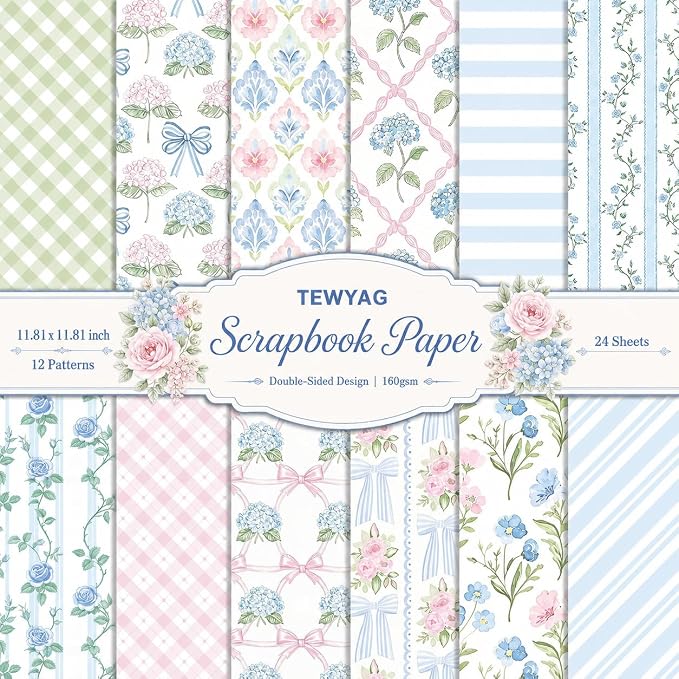 Blue Scrapbook Paper Double Sided 12x12 Watercolor Hydrangea 24 Sheets