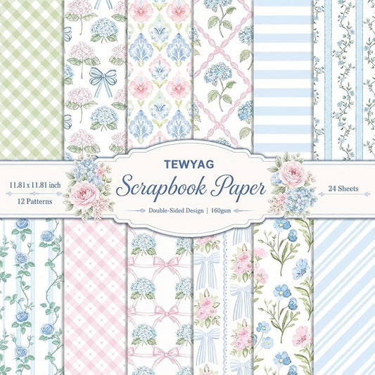 Blue Scrapbook Paper Double Sided 12x12 Watercolor Hydrangea 24 Sheets