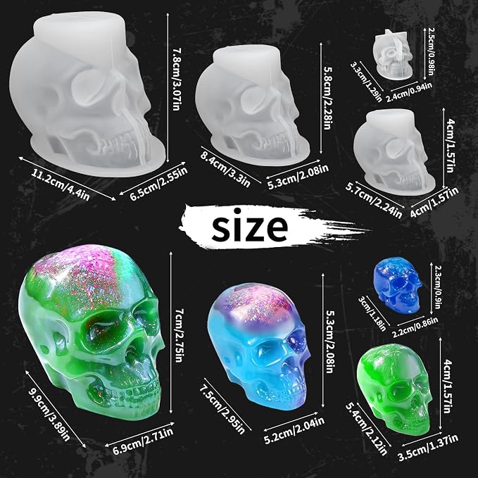 Resin Skull Molds, Set of 7 Sizes Halloween Skull Casting Molds | Flexible Durable Silicone Skull Head Molds for Epoxy Resin Casting, Candle Soap Making, DIY Home Decor Party Creative Gift