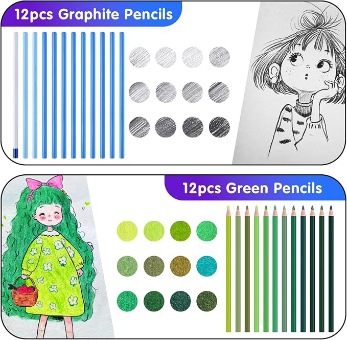 Professional Drawing Set,12 Colored Pencils,12 Graphite Pencils,Eraser,Case | Portable Travel Colored Pencil Case,Sketching Shading Blending Art Supplies,Gifts for Artists Adults Beginners.Green Black