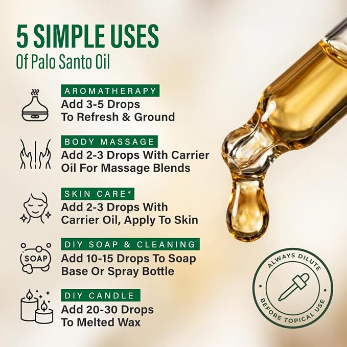 100% Pure Palo Santo Essential Oil 1 Fl Oz, Undiluted - Aromatherapy | Woodsy Aroma, Sourced from Peru, GC/MS Tested, Glass Dropper - for Hair, Skin, Diffuser, Body Wellness - Non-GMO