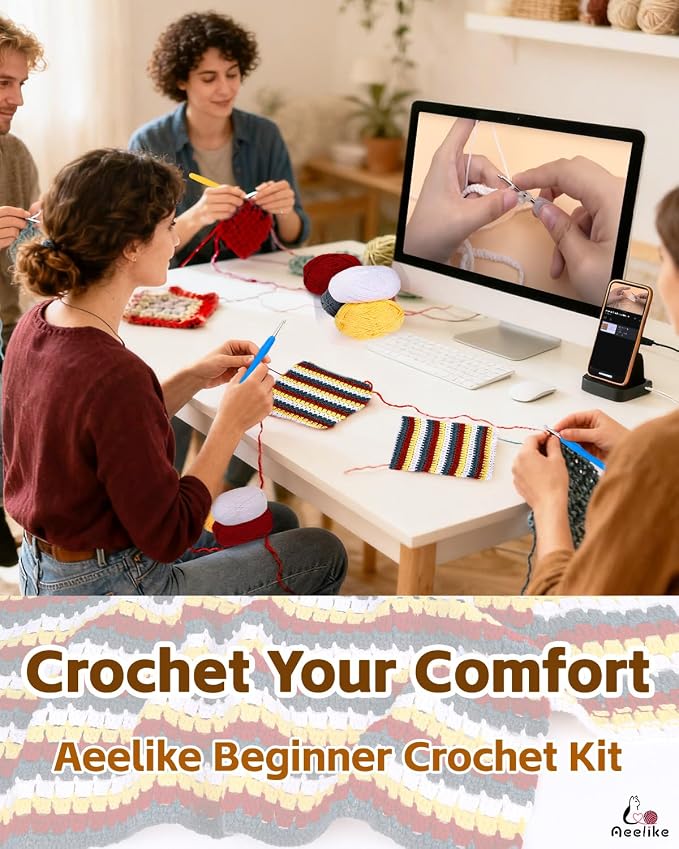 Aeelike Crochet Blanket Kit for Beginners, Colorful Mosaic Stripe,42PCS