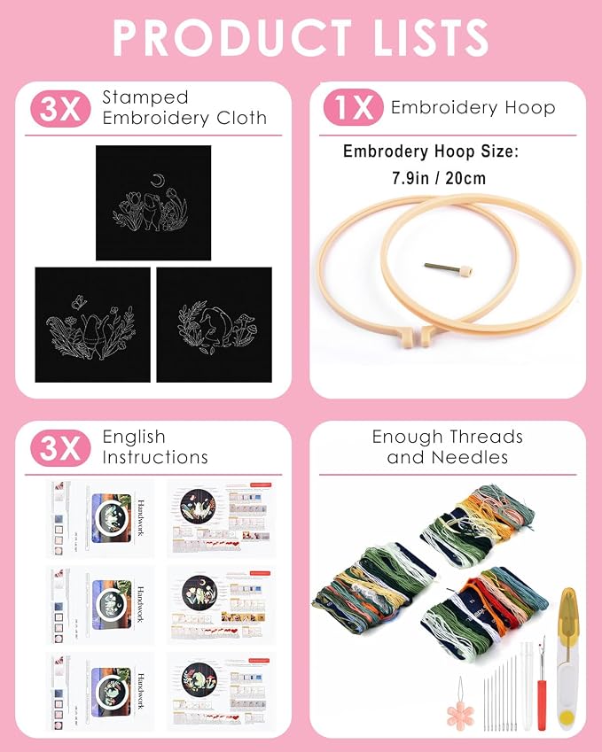 TINDTOP 3 Sets Embroidery Kit for Adults, Frog Embroidery Practice Kit | for Beginners Include Embroidery Cloth Hoops Threads for Craft Lover Hand Stitch with Embroidery Skill Techniques