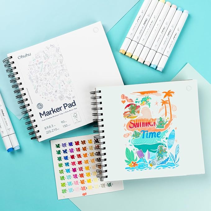 Ohuhu 8.3"x8.3" Double-Sided Bleedproof Marker Pad Art Sketchbook 60 Sheets | Square Sketch Book - 90 LB/150 GSM Smooth Drawing Paper - 60 Sheets/120 Pages - Spiral-Bound Sketch Pad for Alcohol Markers