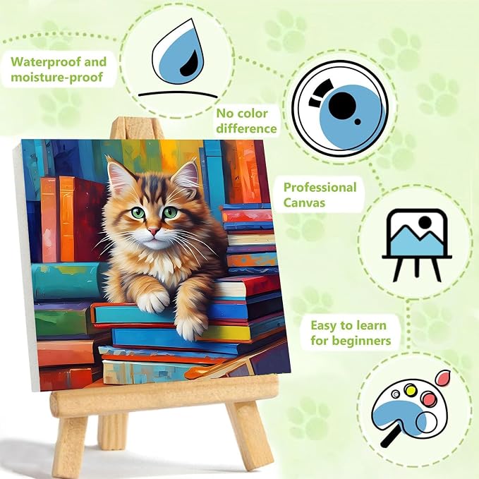 ajepon Cat Paint by Numbers Kit for Kids with Frame - Cute Cat Paint by Number for Kids, Cats Kid Painting by Number Kits Age 6-8 for Home Wall Decor 8X8inch (with Wooden Easel)
