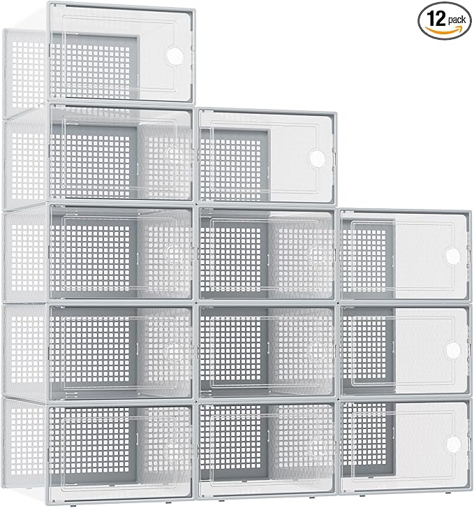 Kuject XX-Large Shoe Storage Boxes 12 Pack, Clear Stackable Shoe Organizer