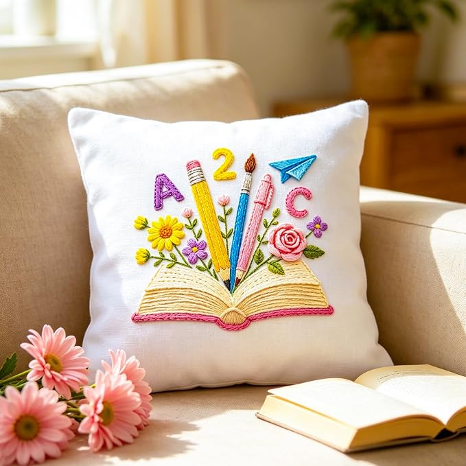 BEUNITONE 6 Set Embroidery Kit for Beginner Adults, Books & Flowers Cross Stitch Set with Stamped Pattern Hoops Threads Cloth Needles, Embroidery Starter Kit for Gifting and Home Decoration