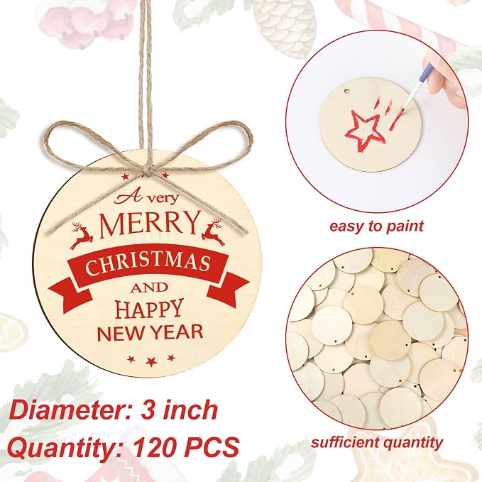 Jetec 120 Pcs Wooden Circles with Holes Unfinished Round Discs for DIY Craft Painting, Engraving, Christmas Ornaments, Gift Tags, Wedding Decorations