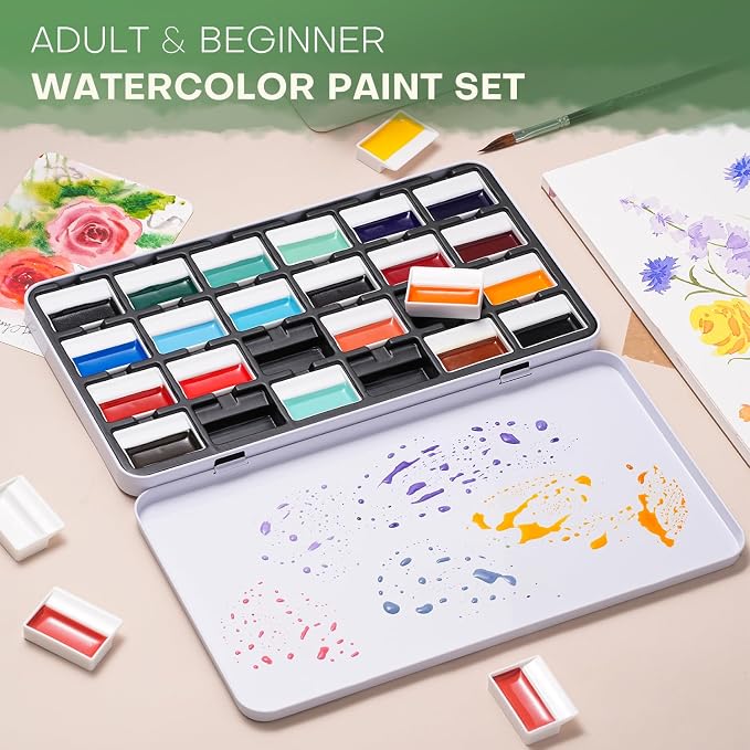 Fuumuui CREAMORA Watercolor Paint Set 24 Color Opaque Semi-Solid Vivid Bright Paint | Professional Art Supplies with Strong Pigment & Coverage for Artists Beginner Painters Amateur Hobbyists Painting