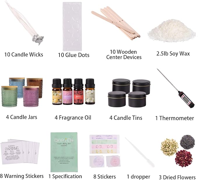 DARJEN Candle Making Kit for Adult, 4 Jars & 4 Tins Soy Wax Scented DIY Set | 100% Soy Wax, 10oz Glass Jars, 4oz Tins, Cotton Wicks, Pleasant Scents, Instruction& More- Perfect as Home Decorations
