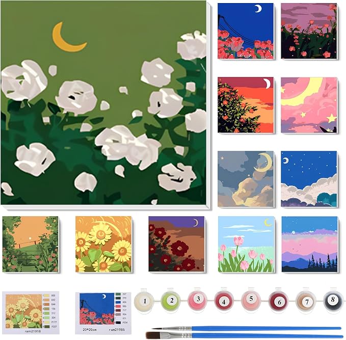 Nezyo 12 Sets Paint by Numbers with Frame for Adults, Acrylic Canvas 8x8 | DIY Kits Ideal to Beginners, Perfect as Party and Birthday Gifts, Includes Numbered Canvases with Acrylic Paints and Brushes
