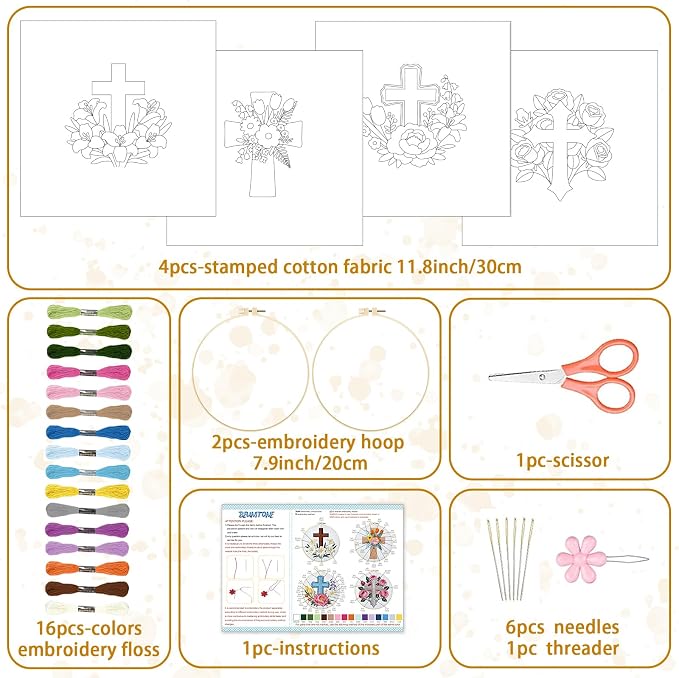 BEUNITONE 4Set Cross and Flowers Pattern Embroidery Kit for Adult Beginners | DIY Cross Stitch Kits, Complete Needlepoint Kits for Adults, Handmade Embroidery for Gifts, Fabric and Home Decor 20x20cm