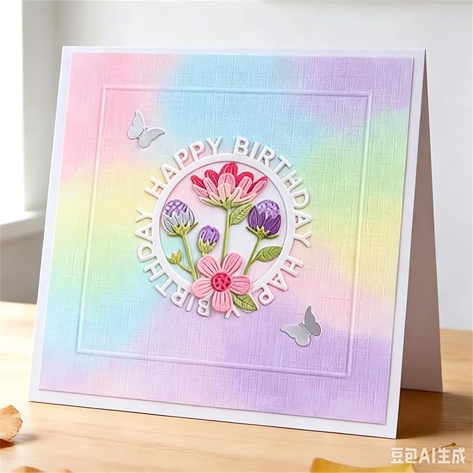 Scrapbooking Die-Cuts, Happy Birthday Ballon Metal Cutting Dies for Card Making, Paper Craft Template, Background Embossing Stencils, DIY Album Décor (Circle Happy Birthday Flower-11x7.8cm)