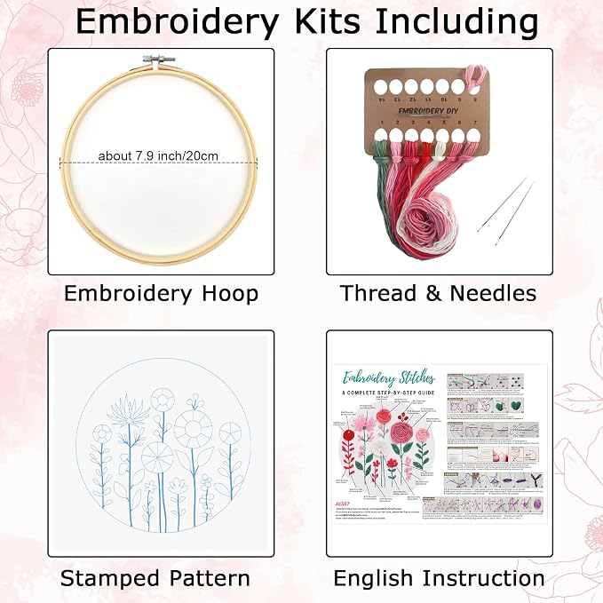 Nuberlic Floral Embroidery Kit for Beginners Adults | Easy Embroidery Kits for Adults Starter Cross Stitch Kit DIY Needlepoint with Step-by-Step Instruction,Gifts and Home Decor
