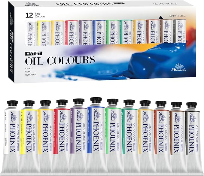PHOENIX Artist Oil Paint Set - 12 Color x 1.35 Oz. / 40ml Tubes Professional Quality Oil Based Paint for Canvas Painting