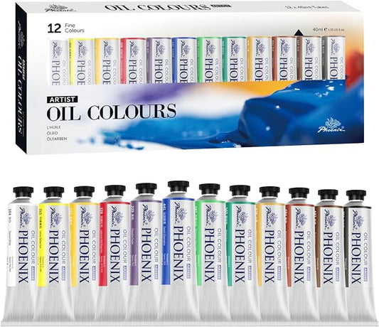 PHOENIX Artist Oil Paint Set - 12 Color x 1.35 Oz. / 40ml Tubes Professional Quality Oil Based Paint for Canvas Painting