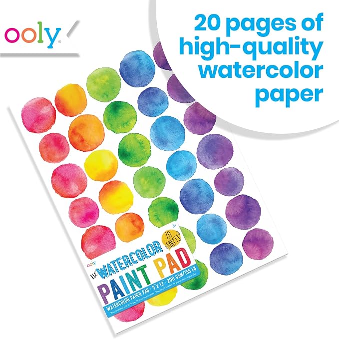 Ooly Lil' Watercolor Paint Pad for Kids, 20 Sheets, 9x12 in | Ages 3+, 200 GSM Acid-Free No-Bleed Paper, 9x12 in, Great for Painting, Watercolor, and Art Projects