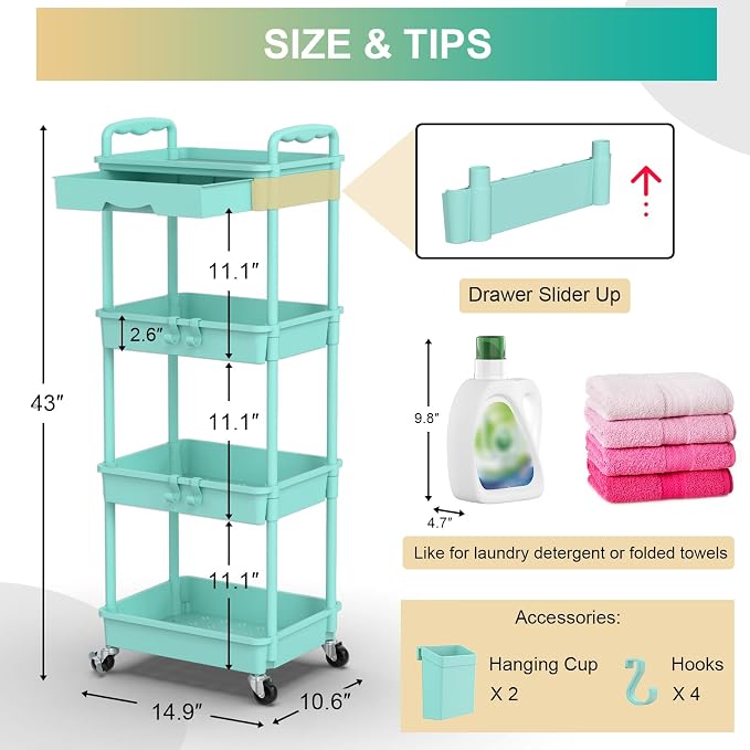 Goovilla 4 Tier Rolling Utility Cart Organizer with Removable Drawer, Blue | Stable and Sturdy Rolling Storage Carts with 2 Lockable Wheels for Bathroom, Kitchen, Snack, Craft, Makeup, Baby Essentials