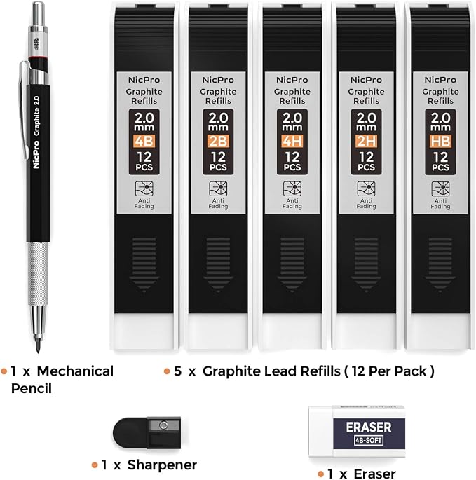Nicpro 2mm Metal Mechanical Pencil Set with Case, 1PCS